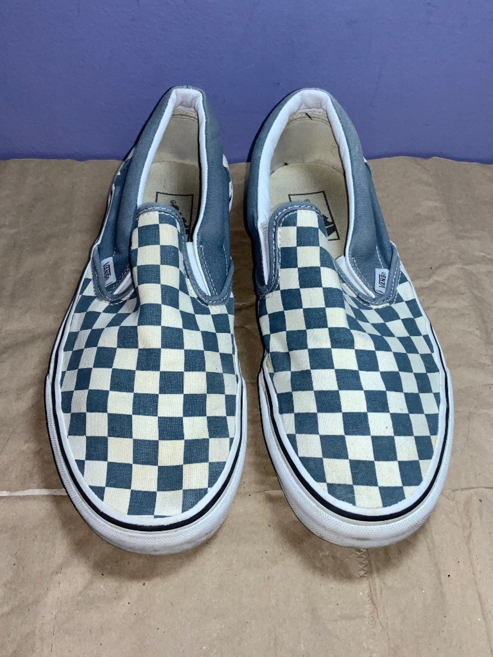 Vans Classic Slip On blue cream checkerboard unisex sneakers Sz M 9.5 W 11